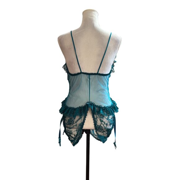 Frederick's of Hollywood Crotchless Lace Slit Bust Teddy Garters Sz L Lingerie - Picture 2 of 12